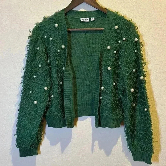 Mighty Fine Womens XL Loop Knit Green Pearl Cropped Cardigan Sweater Preppy - Picture 1 of 10